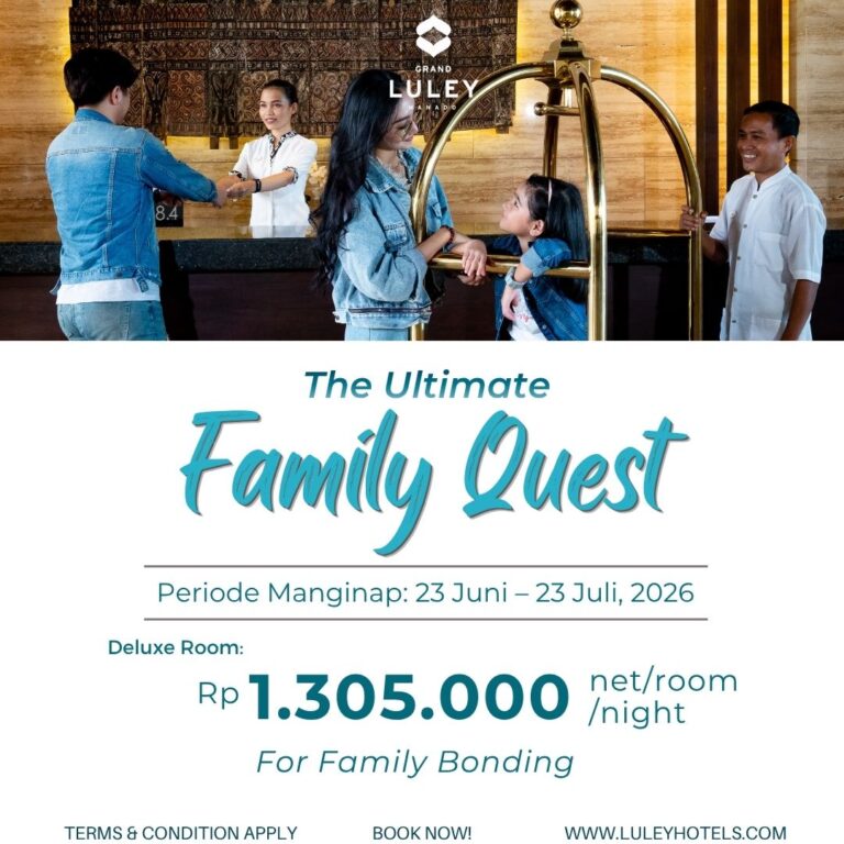 Hotel promo banner for Grand Luley Manado: 'The Ultimate Family Quest' showing a family at the lobby with a luggage cart; dates 23 Jun–23 Jul 2026; Deluxe Room price Rp1,305,000 per night.